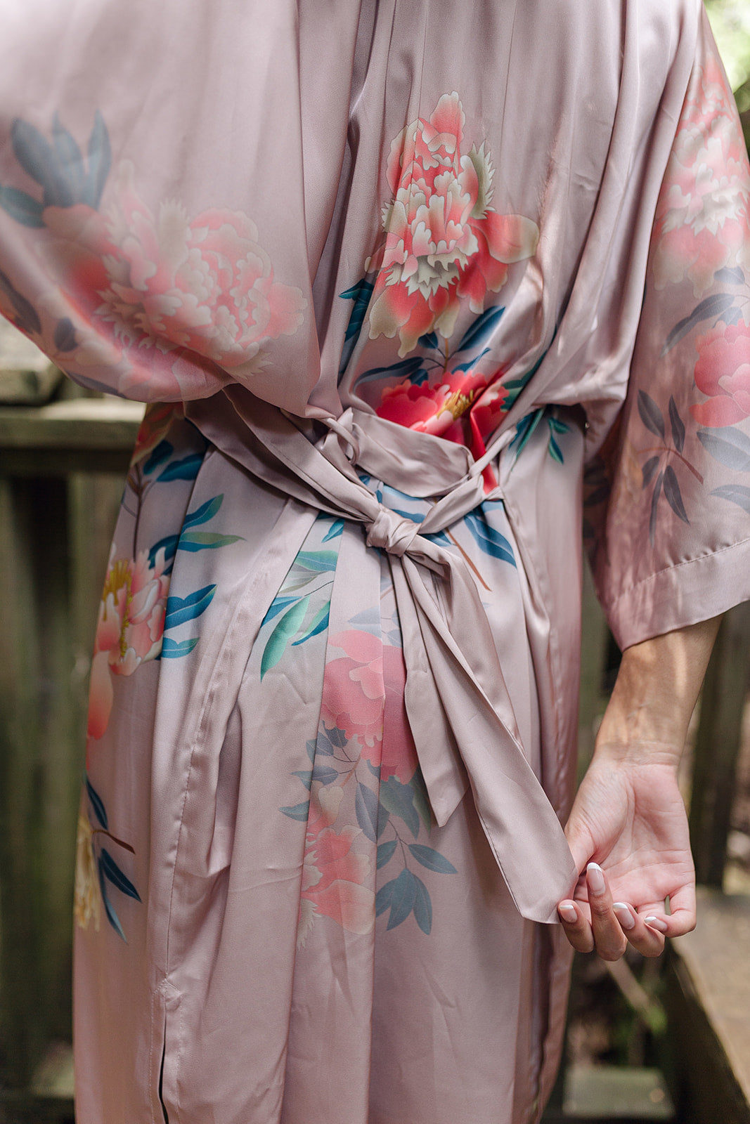 tie detail on pink blush woman's kimono