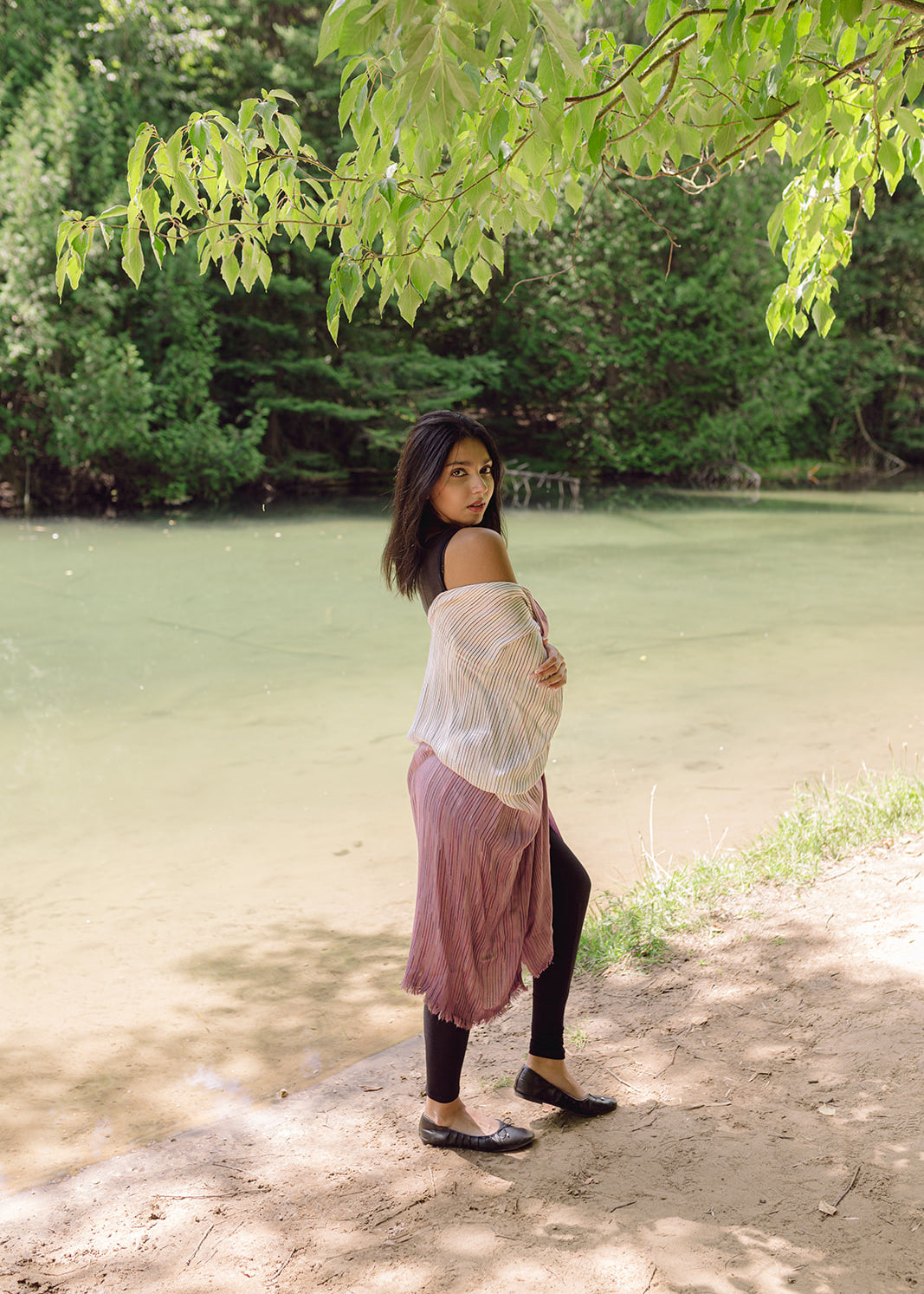 Women's beach coverup, light purple ombre kimono dress. Maternity clothing. Pictured with black leggings.