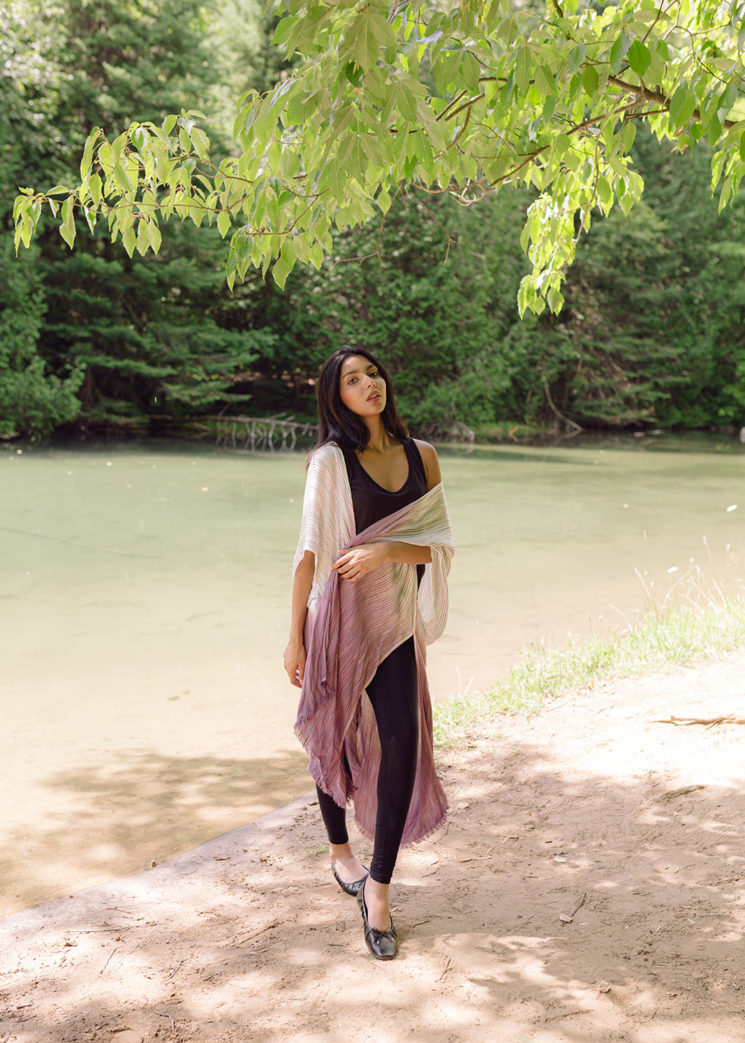 Women's beach coverup, light purple ombre kimono dress. Maternity clothing. Pictured with black top and leggings.