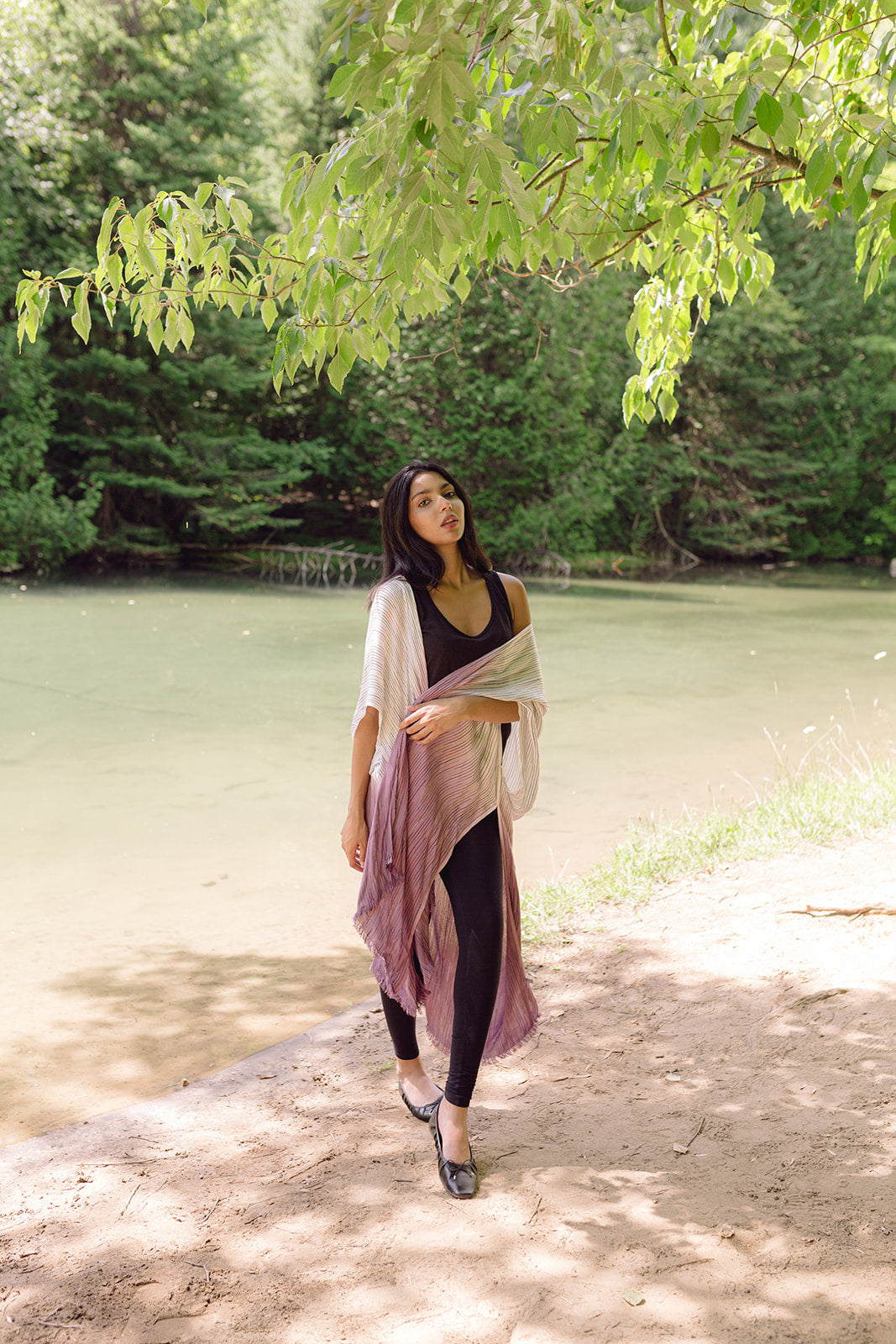 Women's beach coverup, light purple ombre kimono dress. Maternity clothing. Pictured with black top and leggings.
