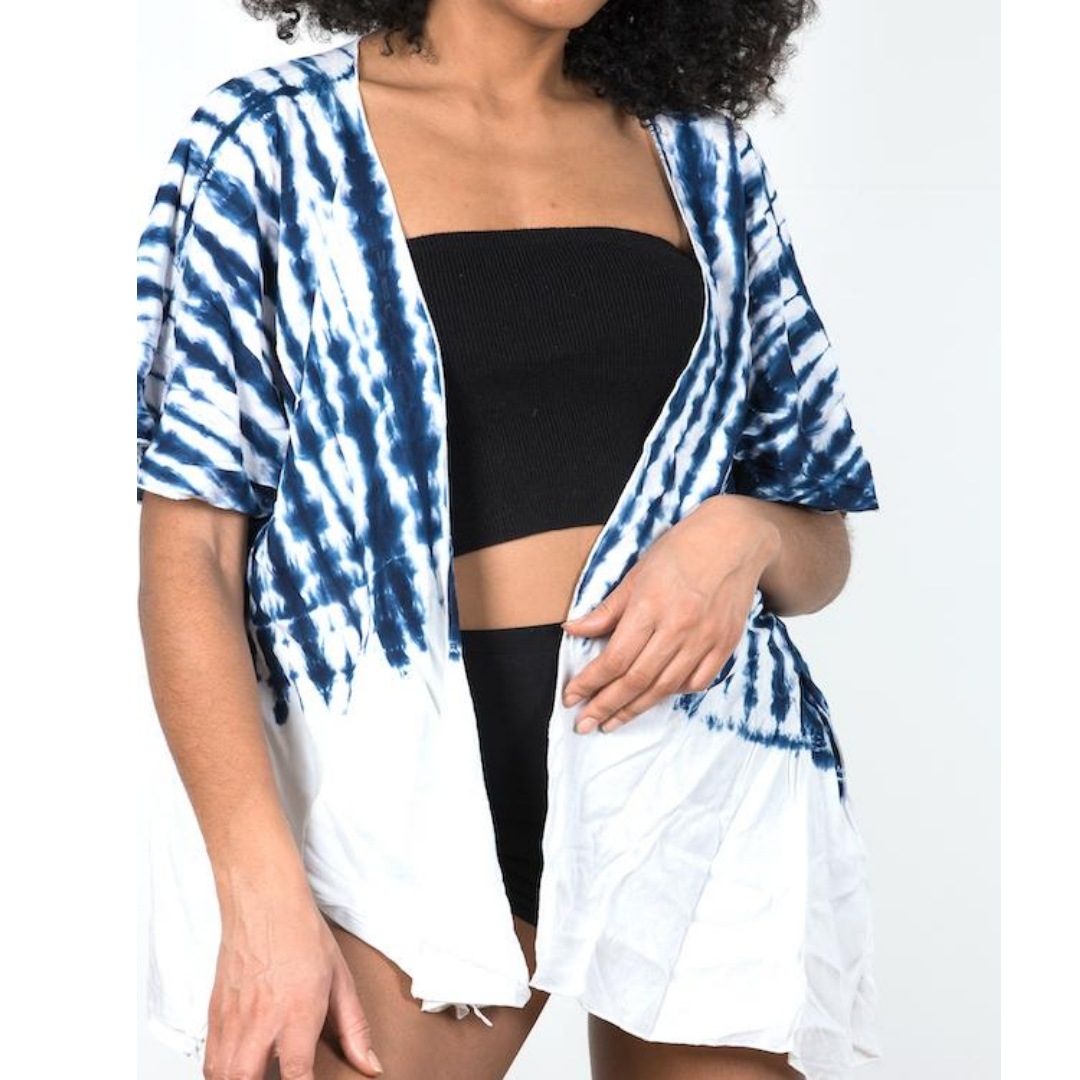 Sandy Blue and White Short Beach Cover Up